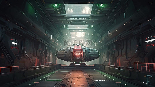 科幻朋克背景图片_科幻插画绿色和红色霓虹灯发光背景在宇宙飞船走廊的 3D 渲染中