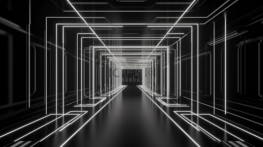 虚拟现实 3D 渲染中具有发光几何线条和霓虹灯的抽象黑白隧道