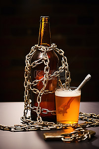 一个用链子拴住的啤酒瓶一个杯子和一把钥匙
