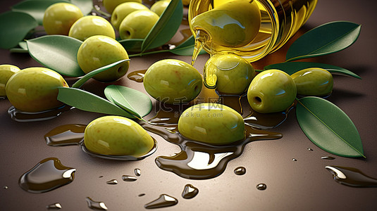 新鲜橄榄油池中绿叶生橄榄的 3D 插图