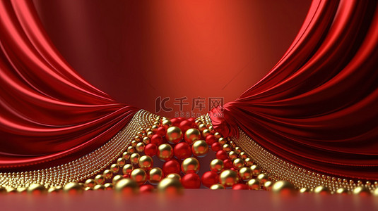 迷人的红色披肩模型，饰有金色珠子，是 3D 渲染的化妆品或珠宝演示的完美模板