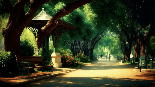 落日太阳背景图片_公园林荫路落日