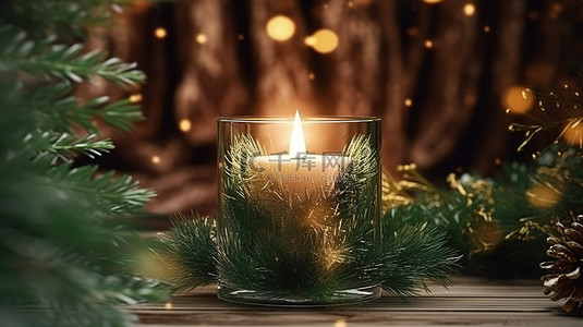 冬季庆祝背景图片_木质背景，绿树枝和精致的圣诞蜡烛，体现了冬季庆祝活动的动态和豪华 3D 插图