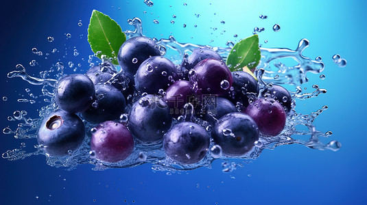 飞溅水背景图片_紫色背景上溅水的蓝莓的 3D 插图
