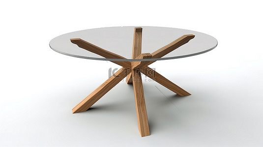 玻璃顶圆桌，带 3 个木腿，白色背景上的 3d 渲染