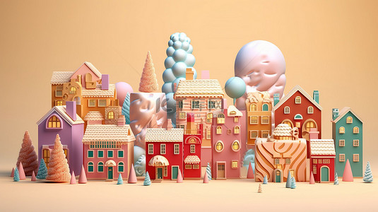 圣诞屋圣诞背景图片_色彩缤纷的圣诞装饰品的 3D 渲染，以树屋糖果和礼品盒为特色