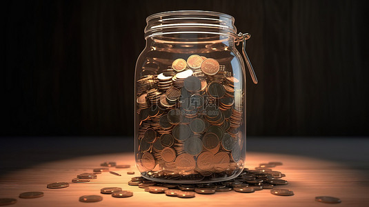可视化玻璃罐中的金融储蓄 3d 渲染硬币