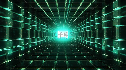蓝色宇宙背景背景图片_具有水平矩阵网格的太空隧道的 3D 渲染