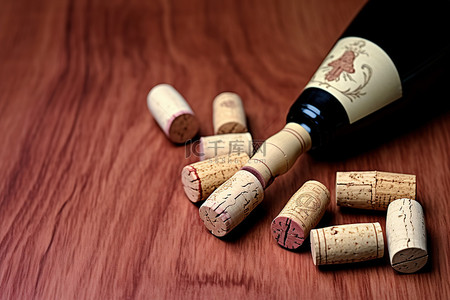 一把刀和一个瓶子放在一些红色的葡萄酒软木塞中