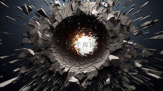 3d 插图黑墙孔径在壮丽的爆炸中爆发