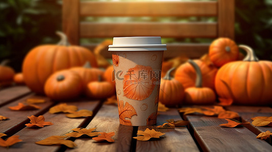 拿着咖啡杯背景图片_秋季主题的塑料咖啡杯的 3D 插图，上面装饰着南瓜和嗨铭文
