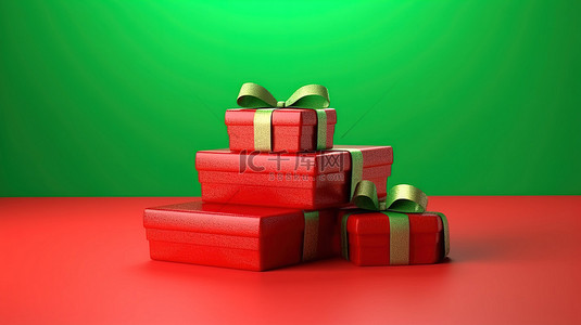 红色礼品盒的 3D 渲染，饰有绿色丝带蝴蝶结