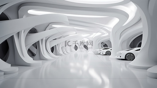 未来派建筑设计 3D 渲染，采用白色混凝土地板，用于高科技汽车展厅