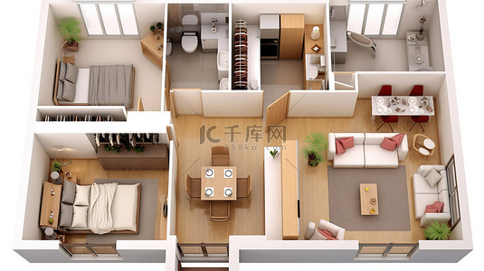 平面图中底层公寓清晰的 3D 室内设计