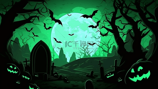 绿色蔬菜装饰背景图片_万圣节南瓜头绿色坟墓鬼魂蝙蝠