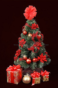 装饰小圣诞树背景图片_有红色装饰的小圣诞树