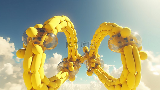 一对阳光明媚的黄色扶手椅在天空中翱翔抽象 3D 插图