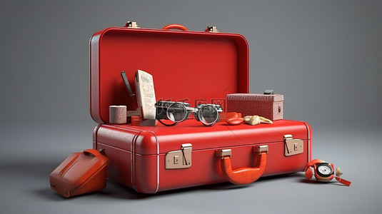 旅行必需品背景图片_以充满活力的红色手提箱和旅行必需品为特色的旅游主题 3D 渲染