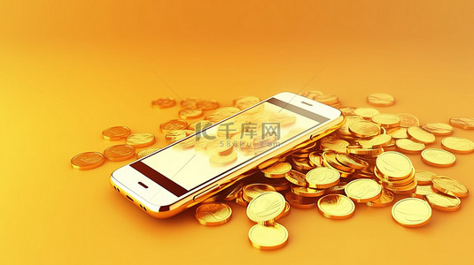 钱包模版背景图片_用于网上购物和银行交易的金币包围的电子钱包手机的 3D 渲染