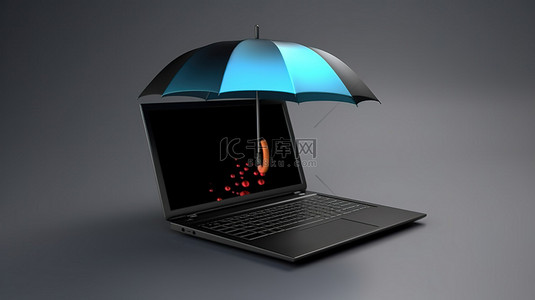 黑色的雨伞背景图片_3D 渲染中黑色雨伞遮蔽的笔记本电脑