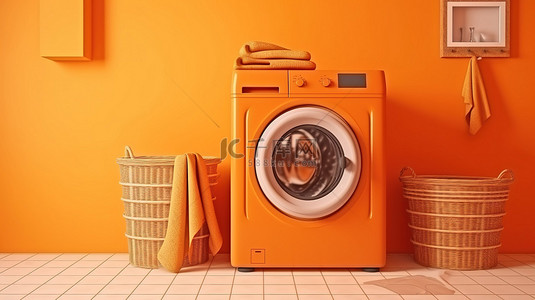 堆洗衣服背景图片_单色橙色内部 3D 渲染的金色洗衣篮和洗衣机