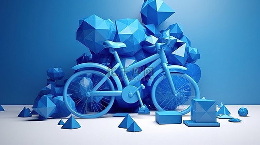 蓝色自行车周围几何图案环境的 3D 渲染