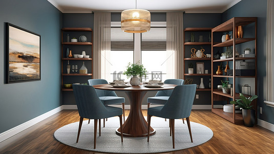 时尚的棕色餐厅配有蓝色软垫椅子厨房装饰和地毯 3D 渲染