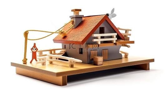 木制捕鼠器象征着白色背景下新房3D渲染的建筑贷款