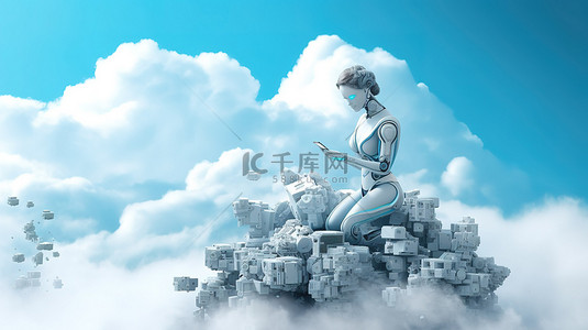 创新云计算女性机器人操作电路云的 3D 渲染
