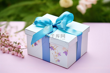 一个蓝色礼盒，上面有简单的蝴蝶结和鲜花
