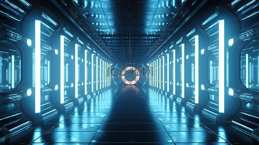 带有未来霓虹灯的科幻走廊隧道的 3D 渲染