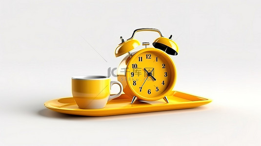 黄色卡通闹钟背景图片_醒来时，黄色杯子和盘子的咖啡 3D 渲染作为白色背景上的闹钟