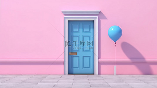 3D 渲染中粉红色背景上带有白色气球的阴影和阴影蓝色门