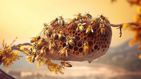 蜂巢挂在树枝上，蜜蜂嗡嗡作响 3d 渲染