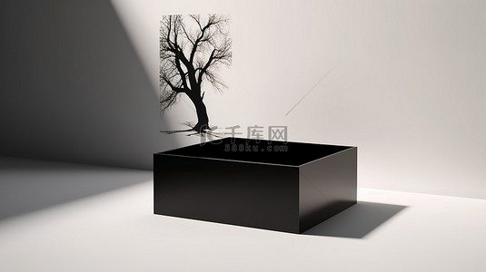 3D 渲染开放式黑色木箱放置在白墙附近，具有树影效果