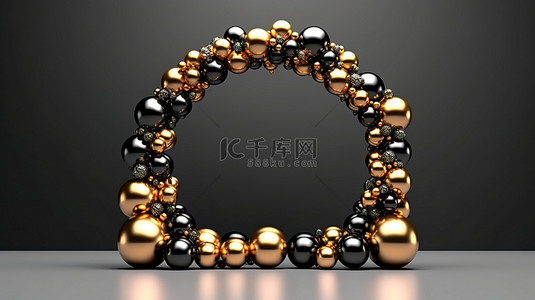荞麦花环背景图片_时尚的黑色和金色圣诞花环，带有个性化 3D 插图的空间
