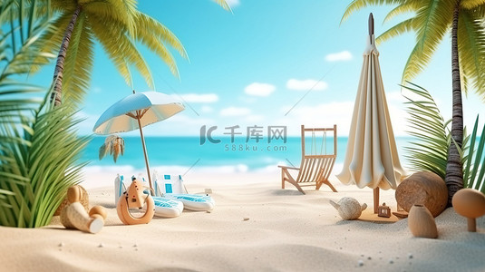 夏季海滩场景的高级照片 3D 插图