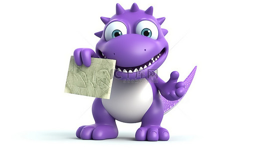 拿着欧元符号的有趣的紫色 3d 恐龙