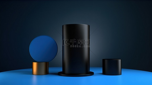 用于展示抽象产品的现代黑色和蓝色圆柱体讲台的 3D 渲染