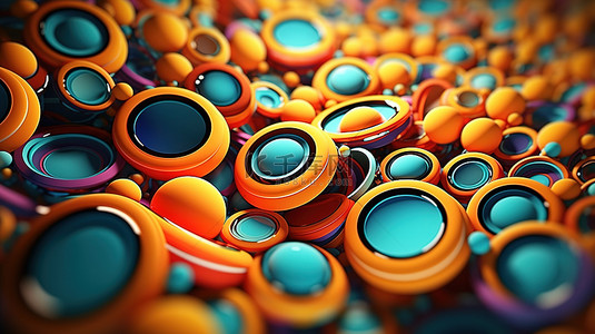 抽象 3D 插图中彩色粒子和圆圈的特写