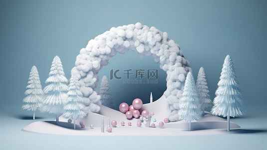 一个喜庆的 3D 冬季场景，以圆形讲台糖果拱门积雪的圣诞树和礼品盒为特色
