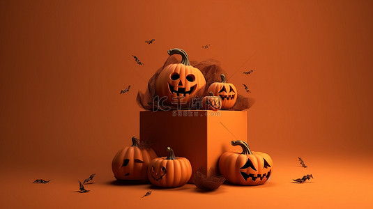 活动橙色背景背景图片_讲台南瓜上的礼品盒，橙色背景 3D 呈现 10 月 31 日万圣节庆祝活动