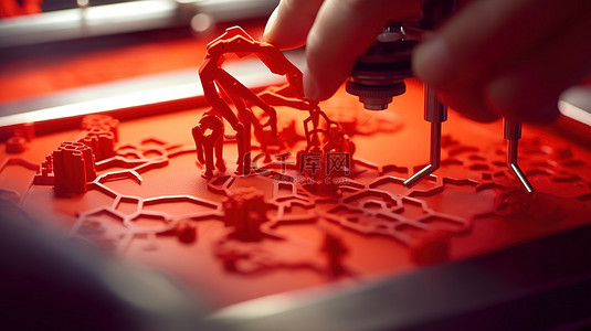 从上面看现代 3D 打印机正在打印的小型红色雕塑的特写视图