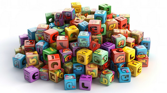 英文立方体背景图片_各种字母玩具立方体包装在白色背景 3D 渲染的纸箱中