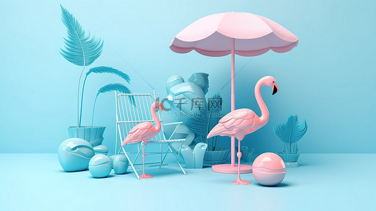 使用带有沙滩椅遮阳伞和俏皮的蓝色火烈鸟充气玩具的夏季讲台的 3D 渲染，以时尚的方式展示您的产品
