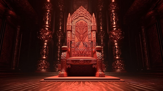 宝座红背景图片_基座上的豪华红色宝座，铺有红地毯和 3D 渲染的皇家椅子