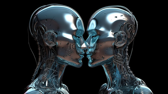 男性和女性机器人在 3D 渲染的吻中拥抱