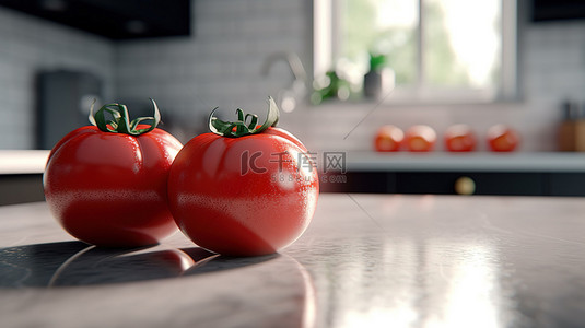 厨房柜台上的番茄逼真 3D 渲染