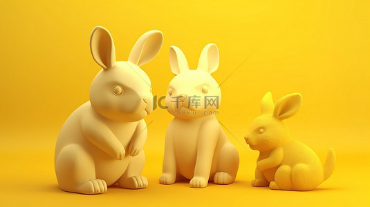 黄色背景展示可爱的兔子和熊模型的 3D 渲染插图