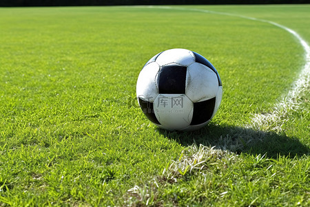 足球草地背景图片_足球在草地边缘，背景为半场